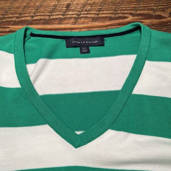 TOMMY HILFIGER V-neck Sweater Green White Striped Women's Large Academia Preppy - Picture 7 of 12